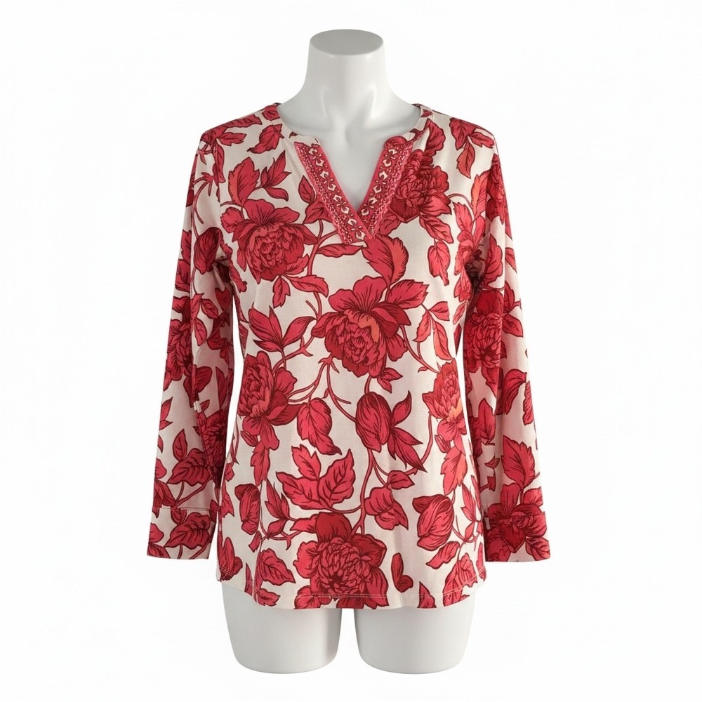 Belle by Kim Gravel Red Floral Split-Neck Top – LP Large Petite EUC